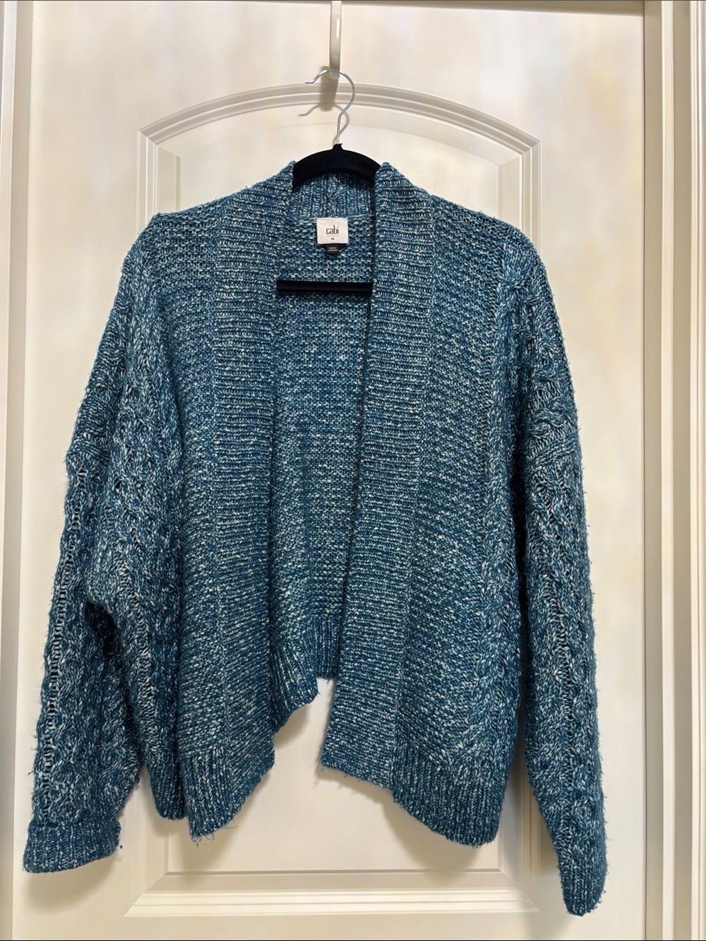 CAbi Astral cardigan. Teal Open-Front Chunky Knit Cardigan
